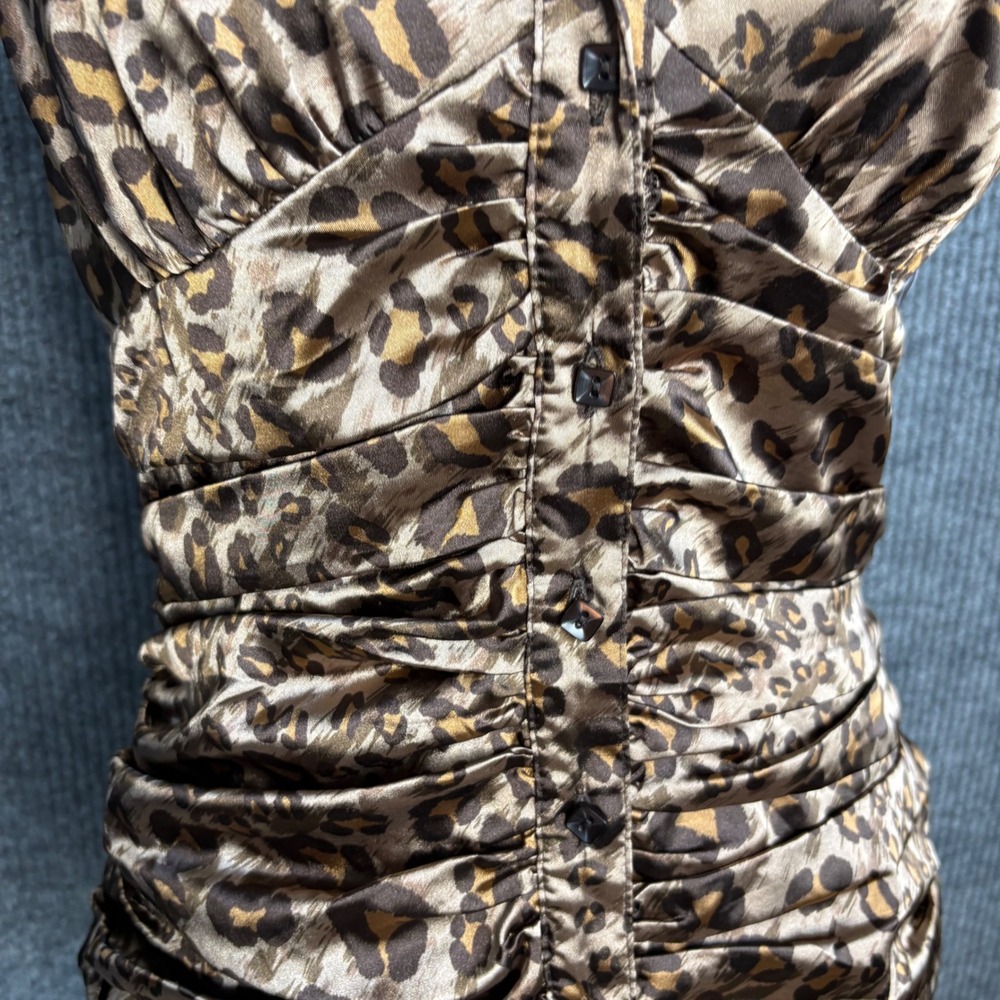 Guess Jeans Leopard Satin Halter Top Womens L Ruched Button Front Y2K 2000s - Picture 2 of 5